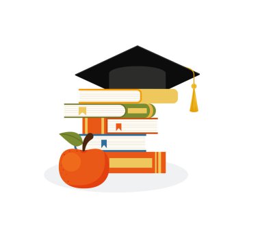 Graduation cap and books. The concept education. Stack of books, cap, hat. Vector. eps 10