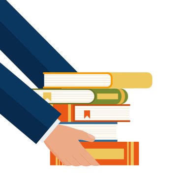 Big human hand holds stack of three books. Concept of donation, education and learning. Vector illustration of World Book Day eps 10