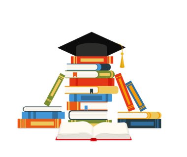 Graduation cap and books. The concept education. Stack of books, cap, hat. Vector. eps 10