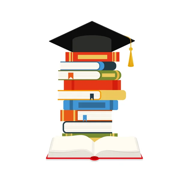 Graduation Cap Books Concept Education Stack Books Cap Hat Vector — Stock Vector