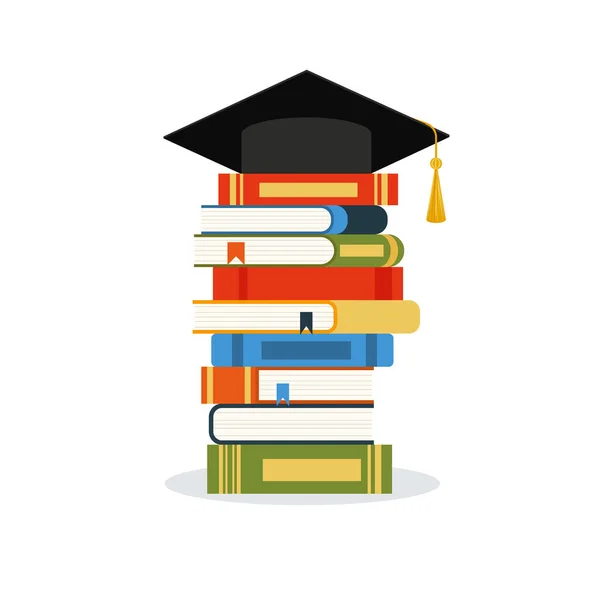 Graduation Cap Books Concept Education Stack Books Cap Hat Vector — Vetor de Stock