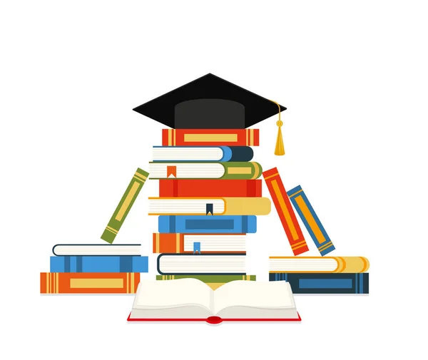 Graduation Cap Books Concept Education Stack Books Cap Hat Vector — Stok Vektör