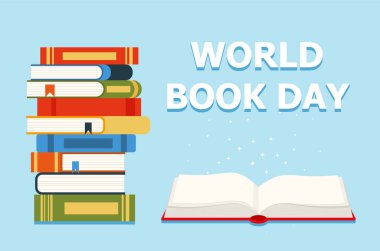 World book day 23 april. Stack of colorful books with open book on teal background. Education vector illustration. eps 10