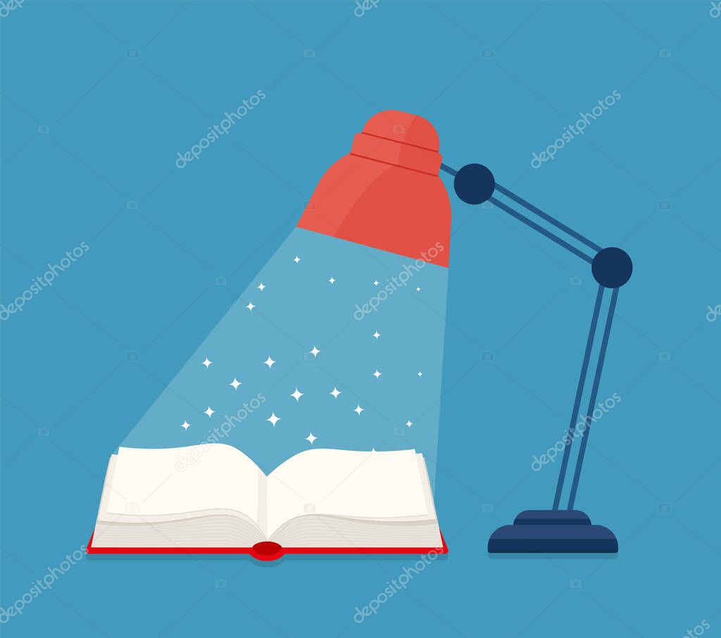 Open book under a lamp with stars and sparkles eps 10