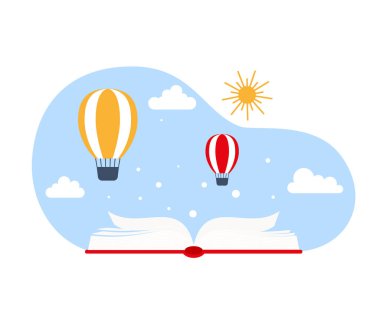 Stack of books with air balloon. Fantasy, fairy tale. Imagination and inspiration picture.Vector flat illustration. Eps 10