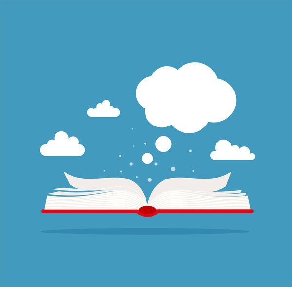 Vector open paper book with speech clouds in flat design style EPS 10.