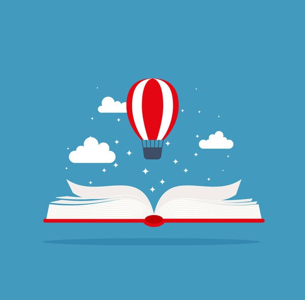 Stack of books with air balloon. Fantasy, fairy tale. Imagination and inspiration picture.Vector flat illustration. EPS 10.