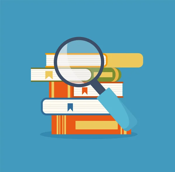 Stack of books with magnifying glass. Knowledge logo. Education and information retrieval. Online course. Vector illustration. EPS 10.