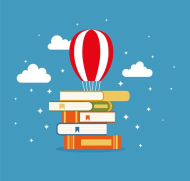 Stack of books with air balloon. Fantasy, fairy tale. Imagination and inspiration picture.Vector flat illustration. EPS 10.