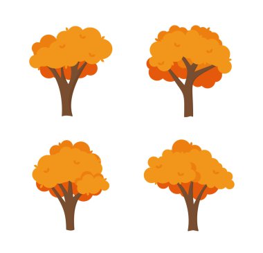 Colorful autumn trees. Cartoon yellow orange fall tree and autumnal garden bush icon with fall season gold leaves for city park and forest landscape background vector isolated symbol set Eps 10