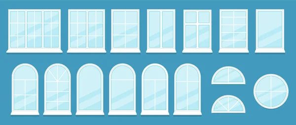 Set Realistic Glass Transparent Plastic Windows Window Sills Sashes White — Vector de stock