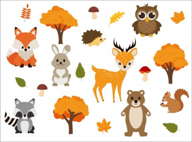 Vector illustration of cute woodland forest animals including a bear, deer, fox, raccoon, hedgehog, squirrel, and rabbit. eps 10