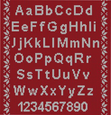 Christmas font. Knitted latin alphabet on seamless knitted pattern with snowflakes and fir. Nordic fair isle knitting, winter holiday sweater design. Vector Illustration. Eps 10
