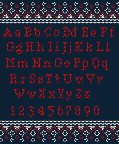 Christmas Font Knitted Latin Alphabet Seamless Knitted Pattern Snowflakes Fir — Stockvector