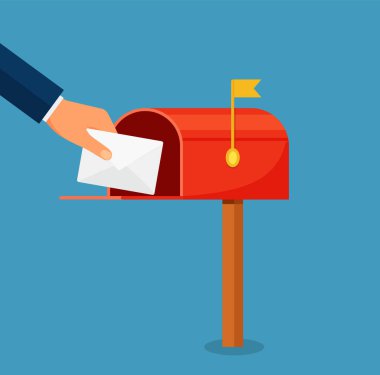 Human hand is taking out an envelope from a postbox. Flat vector illustration of mailbox and a hand holding sealed letter. Receiving a correspondence, postal, mail concept isolated on white background eps 10