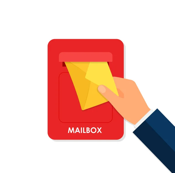 Human Hand Taking Out Envelope Postbox Flat Vector Illustration Mailbox —  Vetores de Stock