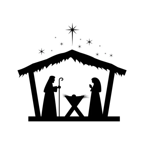 赤ん坊のイエスとクリスマスのキリスト降誕シーン 男性のメアリーとジョセフ 伝統的なキリスト教のクリスマス物語 子供のためのベクトルイラスト — ストックベクタ
