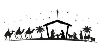 Bebek İsa, Meryem ve Joseph 'in müdür olduğu Noel doğumu sahnesi. Geleneksel Noel hikâyesi. Çocuklar için vektör illüstrasyonu.