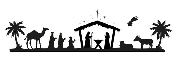 Bebek İsa, Meryem ve Joseph 'in müdür olduğu Noel doğumu sahnesi. Geleneksel Noel hikâyesi. Çocuklar için vektör illüstrasyonu.