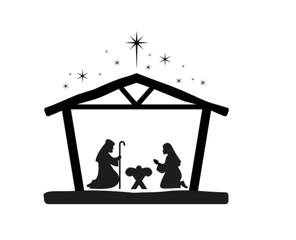 Kerststal Met Baby Jezus Maria Jozef Kribbe Traditioneel Christelijk Kerstverhaal — Stockvector