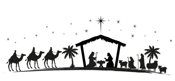 赤ん坊のイエスとクリスマスのキリスト降誕シーン 男性のメアリーとジョセフ 伝統的なキリスト教のクリスマス物語 子供のためのベクトルイラスト — ストックベクタ