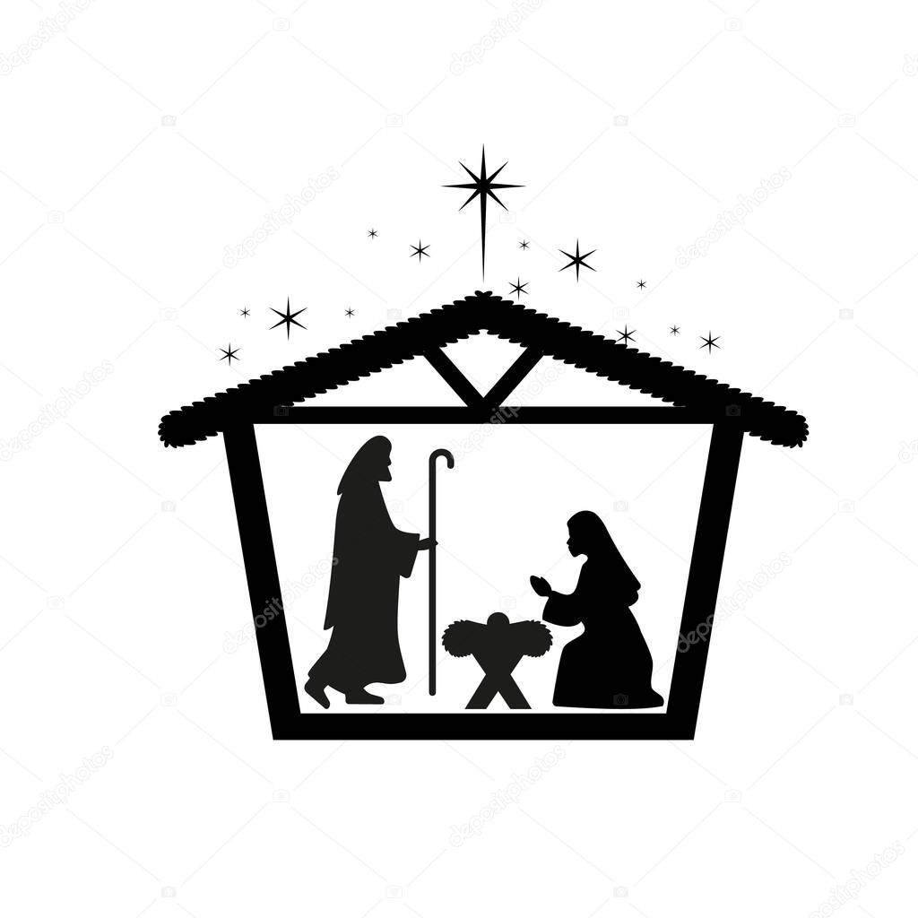 Christmas nativity scene with baby Jesus, Mary and Joseph in the manger.Traditional christian christmas story. Vector illustration for children.