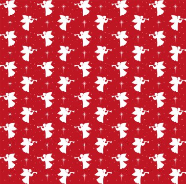 Meleklerin, trompetlerin ve yıldızların siluetlerinin olduğu kusursuz bir Noel deseni, çokgen tasarımı, vektör illüstrasyonları 10 birim