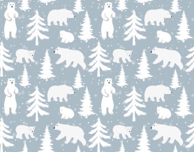 Güzel el çizimi kutup ayıları, çam ağaçları ve koyu mavi arka planda karlı kış ormanları olan kusursuz bir vektör deseni. Tekstil, duvar kağıdı ya da baskı tasarımı için mükemmel. Eps 10