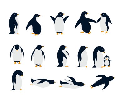 Farklı pozlarda mutlu penguenler.