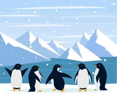 Doğal kutup buzulu ve grup pengueniyle güzel bir manzara. Kuzey denizi ya da arktik okyanus kar dağlarının panoramik manzarası. Antarktika 'nın dondurulmuş doğası 10 kişi.