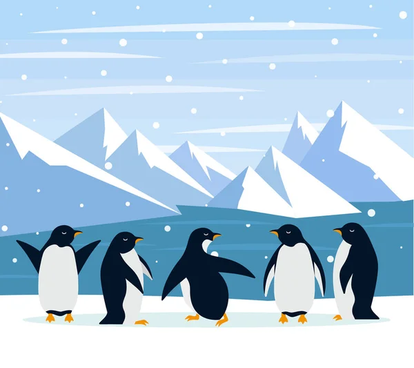 Hermoso Panorama Con Glaciar Ártico Natural Con Pingüino Grupo Paisaje — Vector de stock