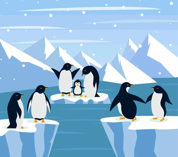 Belo Panorama Com Geleira Ártica Natural Com Pinguim Grupo Paisagem — Vetor de Stock