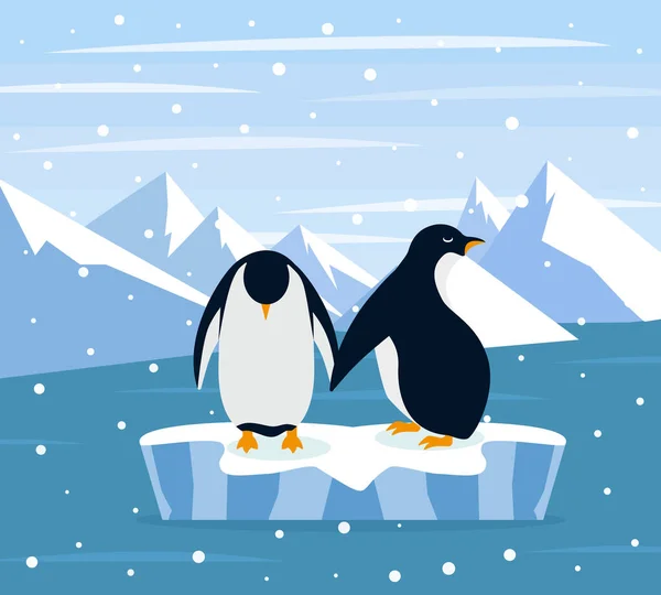 Bellissimo Panorama Con Ghiacciaio Artico Naturale Con Pinguino Gruppo Panorama — Vettoriale Stock