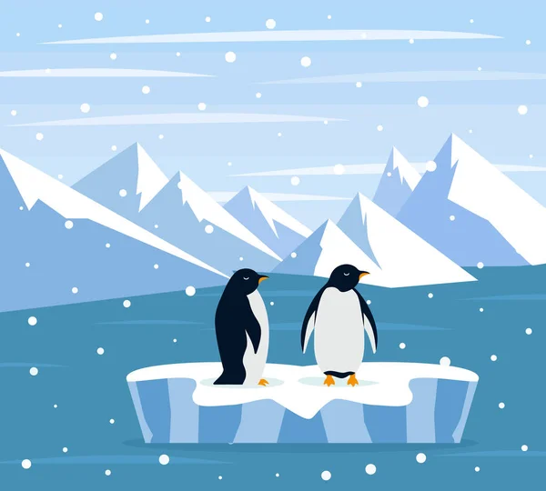 天然の北極氷河とグループペンギンと美しいパノラマ 北の海や北極海の雪の山のパノラマの風景 南極の凍結性は10度 — ストックベクタ