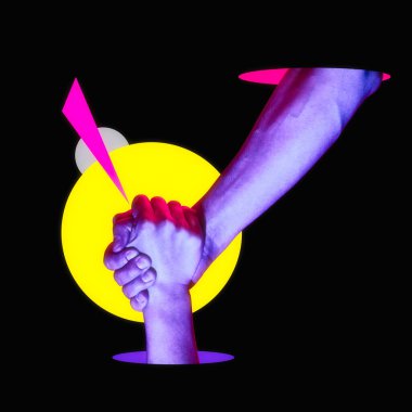 Sana yardım edeceğim! Bir erkek ve neon ışıklı bir kadının elleri. Sanat kolajı. Kurtarma metaforu.