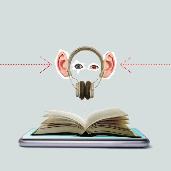 Kunstcollage Mit Smartphone Aufgeschlagenem Buch Kopfhörern Und Lustigem Gesicht Online — Stockfoto