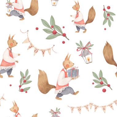 Tatlı sincaplarla suluboya desenli.