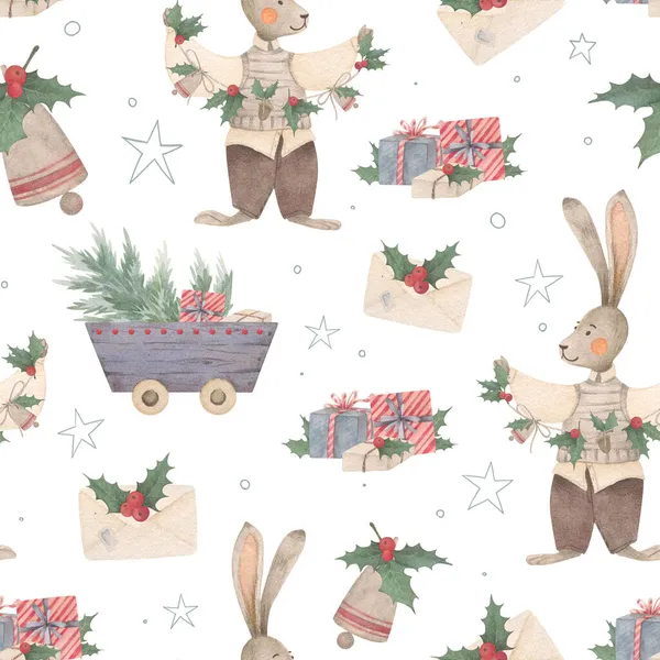 Weihnachten Aquarell Nahtlose Muster Aus Niedlichen Hasen Kaninchen Geschenke Holzwagen — Stockfoto