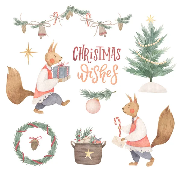 Watercolor Christmas Clipart Set Cute Squirrels Christmas Tree Garland Lettering — Stock Photo, Image