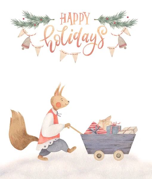 Eekhoorn Draagt Een Kar Met Geschenken Kerst Aquarel Kaart Poster — Stockfoto