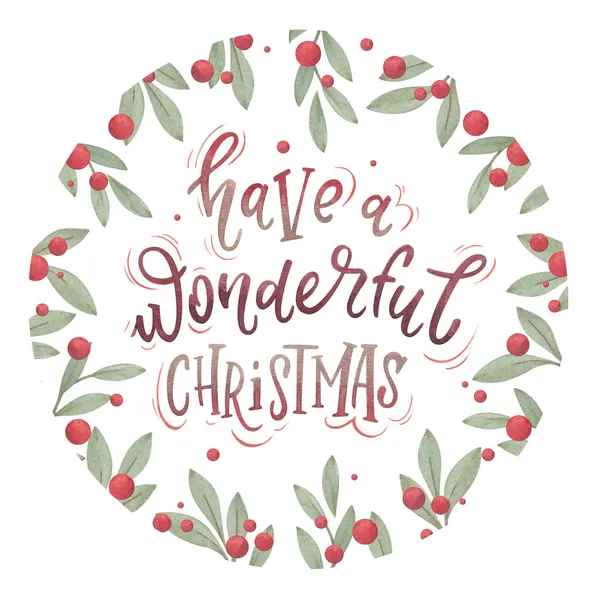 Καλά Χριστούγεννα Έχετε Όμορφη Υδατογραφία Γράμματα Στρογγυλό Στεφάνι Από Φύλλα — Φωτογραφία Αρχείου