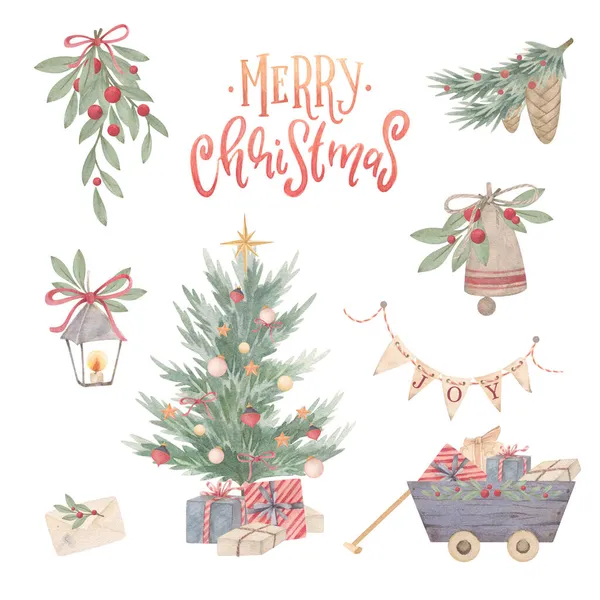 Χριστουγεννιάτικο Καρότσι Ακουαρέλα Ξύλινο Καρότσι Δώρα Χριστουγεννιάτικο Δέντρο Σημαίες Και — Φωτογραφία Αρχείου
