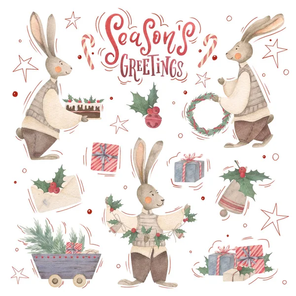 Cute Watercolor Christmas Set Fairy Bunny Holiday Elements — Stock Photo, Image