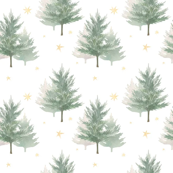 Winter Aquarell Nahtloses Muster Mit Tannenbäumen Und Sternen — Stockfoto