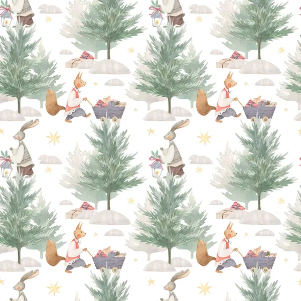 watercolor winter forest pattern with bunny and squirrel