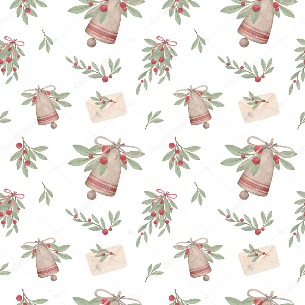 Watercolor seamless pattern with bells, envelopes green branches and red berries