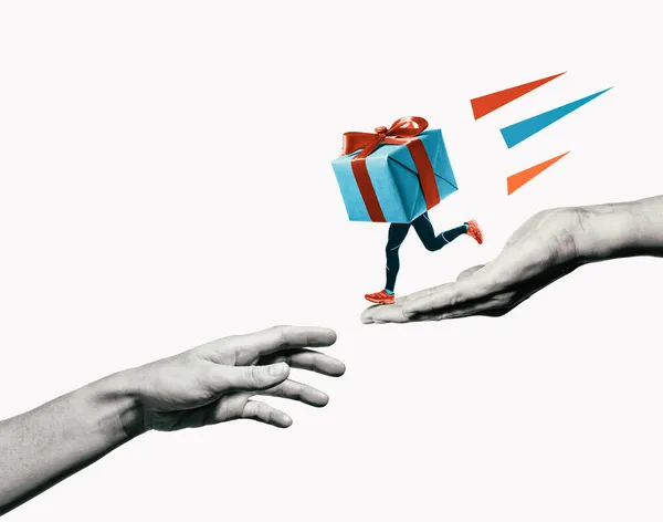 Abstracte Collage Met Een Lopende Giftbox Het Uitstrekken Van Mensenhanden — Stockfoto