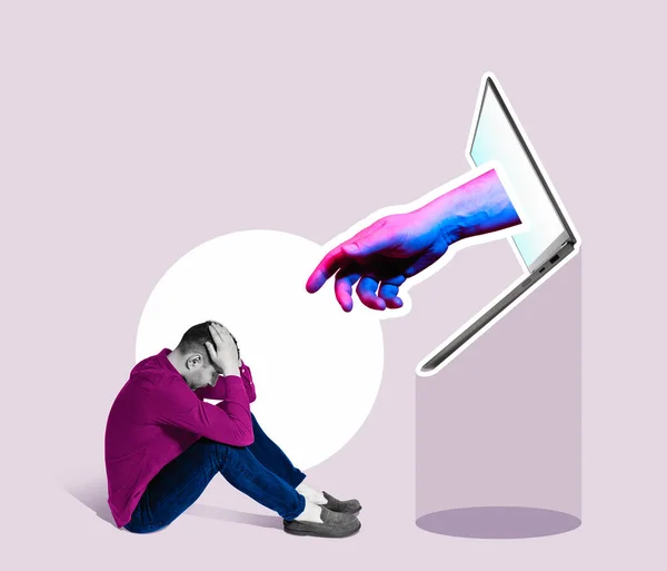 Мистецький Колаж Сидячим Чоловіком Відчаї Ноутбук Витягнутою Рукою — стокове фото