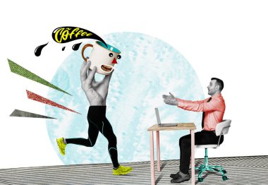 Ofis çalışanına koşan komik bir fincan kahve. Yaratıcı sanat kolajı. Kahve teslimatı.