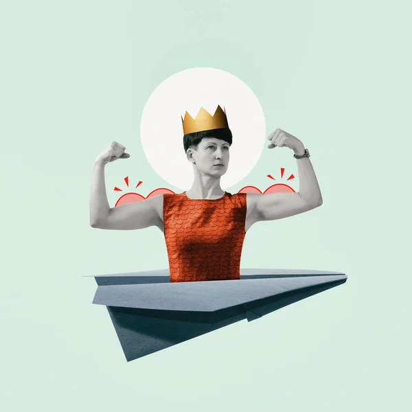Paper Airplane Strong Woman Crown Her Head Art Collage — стоковое фото